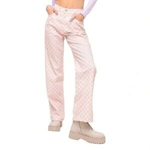 The Ragged Priest Spectre Pastel Pink Checkered Straight Leg Jeans